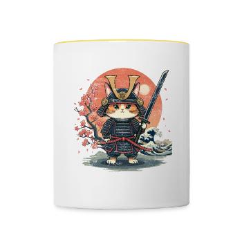 Samurai Katze, Japanische Kunst Katze - Tasse zweifarbig - Weiß/Gelb - Vorne