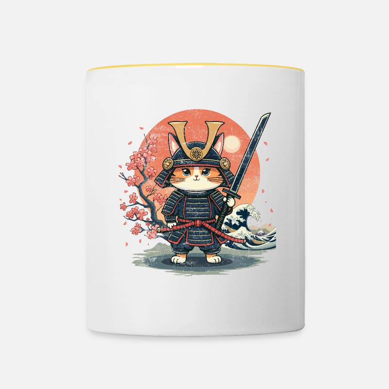 Samurai Katze, Japanische Kunst Katze - Tasse zweifarbig - Weiß/Gelb