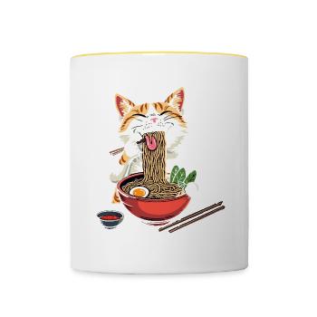 Katze Und Ramen, Digitale Kunst Katze - Tasse zweifarbig - Weiß/Gelb - Vorne