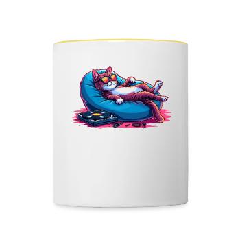 Cat & Music, Colorful Digital Art Cat - Contrasting Mug - white/yellow - Front