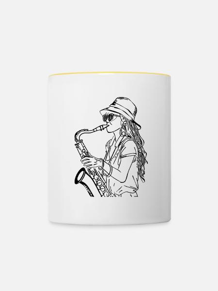 Saxophonistin Line Art - Tasse zweifarbig - Weiß/Gelb