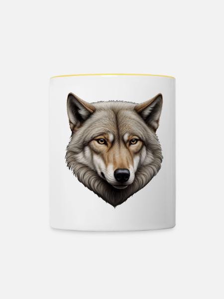 Lone Wolf – Detailliertes Tierporträt - Tasse zweifarbig - Weiß/Gelb