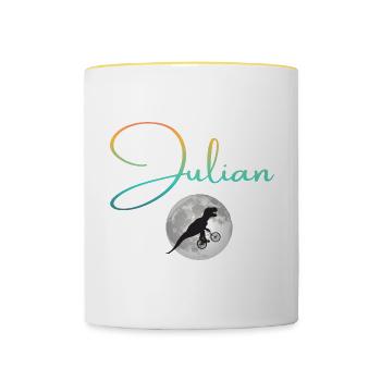 JULIAN - Beautiful boy name with dinosaur - Contrasting Mug - white/yellow - Front