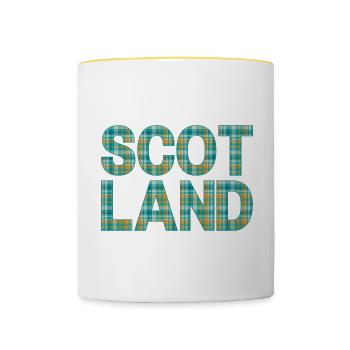Schottland Tartan Schriftzug Dudelsack Highlands - Tasse zweifarbig - Weiß/Gelb - Vorne