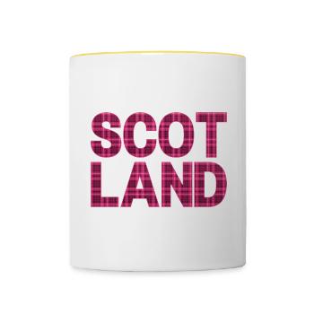 Schottland Tartan Schriftzug Dudelsack Highlands - Tasse zweifarbig - Weiß/Gelb - Vorne