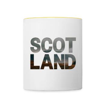 Schottland Tartan Schriftzug Dudelsack Highlands - Tasse zweifarbig - Weiß/Gelb - Vorne