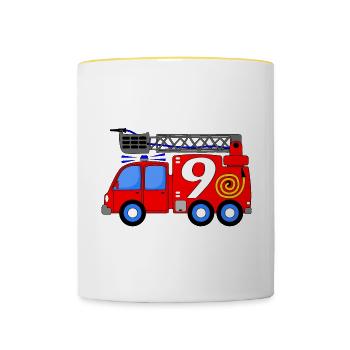 Feuerwehrfahrzeug 9 Geburtstag Kinder - Tasse zweifarbig - Weiß/Gelb - Vorne