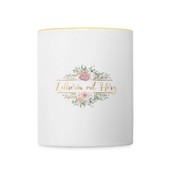 Lehrerin mit Herz - personalisierbar floral - Tasse zweifarbig - Weiß/Gelb - Vorne