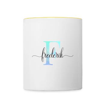 E| Monogramm | Name | Frederik | Watercolor - Tasse zweifarbig - Weiß/Gelb - Vorne