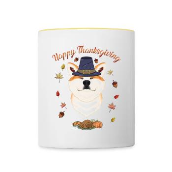 Joyeux Thanksgiving I Amoureux des chiens I Akita Inu - Mug contrasté - blanc/jaune - Devant