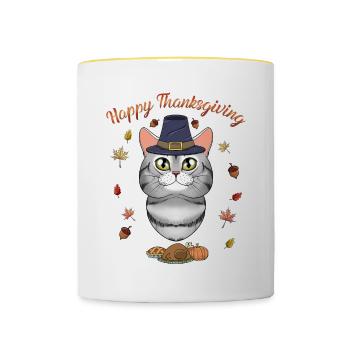 American Shorthair Cat Lover I Happy Thanksgiving - Tasse zweifarbig - Weiß/Gelb - Vorne