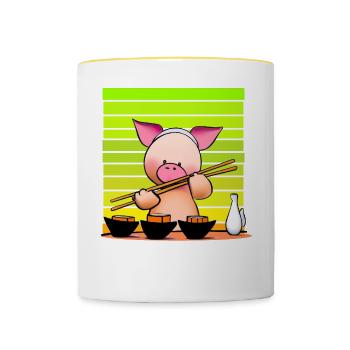 Pork tries sushi with chopsticks - Contrasting Mug - white/yellow - Front