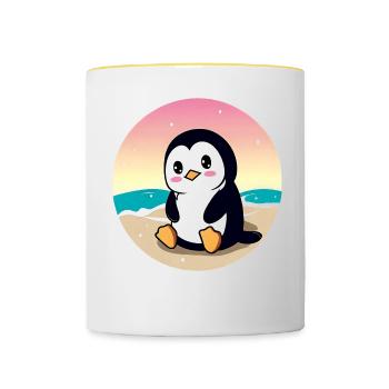 Pingouin de plage au coucher du soleil - Mug contrasté - blanc/jaune - Devant