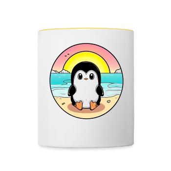Pingouin de plage au coucher du soleil - Mug contrasté - blanc/jaune - Devant