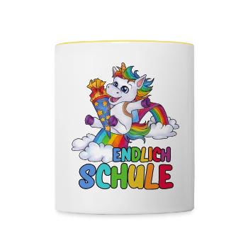 "Endlich Schule!" Einhorn Schulkind mit Zuckertüte - Tasse zweifarbig - Weiß/Gelb - Vorne