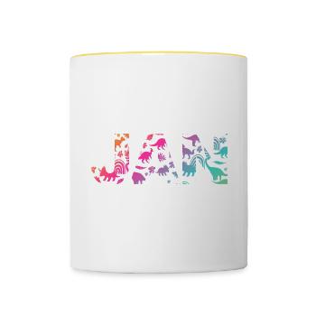 JAN - Beautiful boy name with dinosaur - Contrasting Mug - white/yellow - Front
