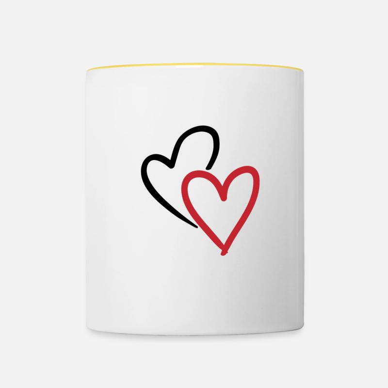 Two intertwined hearts in red - Contrasting Mug - white/yellow