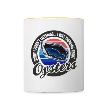 Penser aux huîtres Ironic Quote Seafood Chef - Mug contrasté - blanc/jaune - Devant