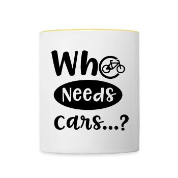 Un cycliste dit drôle : voitures, mobilité durable - Mug contrasté - blanc/jaune - Devant