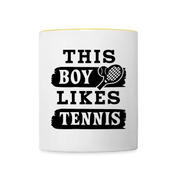 Boy Likes Playing Tennis Ironic Saying Summer Ball - Contrasting Mug - white/yellow - Front