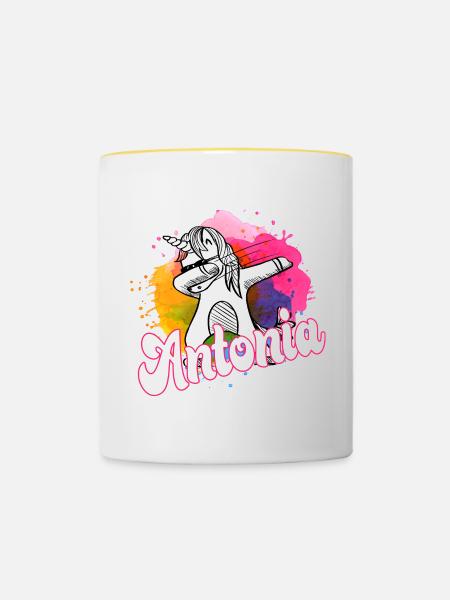 Beautiful name with dabbing unicorn - ANTONIA - Contrasting Mug - white/yellow
