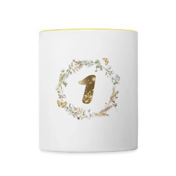 Numéro 1, paillettes, couronne boho, personnalisable - Mug contrasté - blanc/jaune - Devant