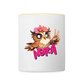 NORA - Schöner Mädchen Name mit süßer EULE - Tasse zweifarbig - Weiß/Gelb - Vorne