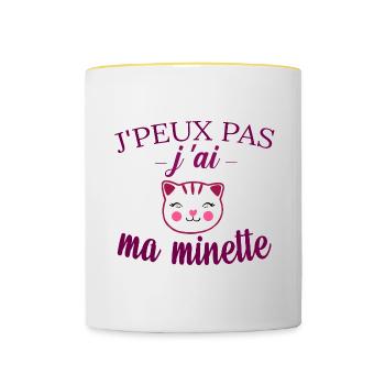 tee shirt j peux pas j ai ma minette chat mignon - Mug contrasté - blanc/jaune - Devant