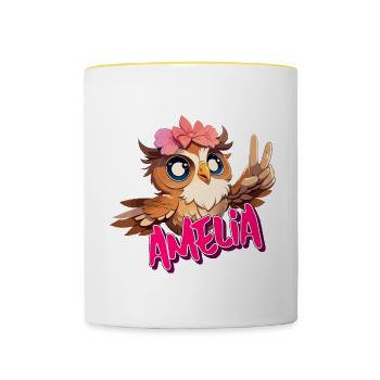 AMELIA - Schöner Mädchen Name mit süßer EULE - Tasse zweifarbig - Weiß/Gelb - Vorne