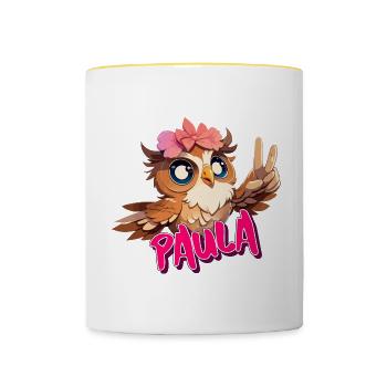 PAULA - Schöner Mädchen Name mit süßer EULE - Tasse zweifarbig - Weiß/Gelb - Vorne