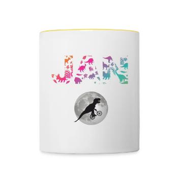JAN - Beautiful boy name with dinosaur - Contrasting Mug - white/yellow - Front