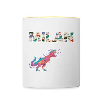MILAN - Beau prénom de garçon avec dinosaure - Mug contrasté - blanc/jaune - Devant