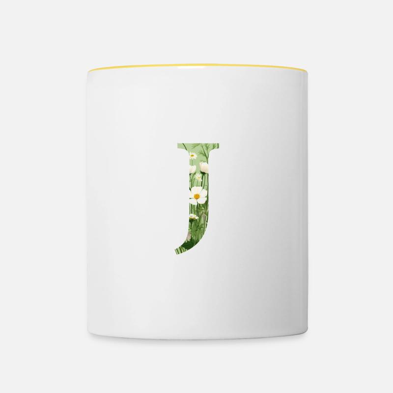 Letter J, Monogram, Floral Pattern - Contrasting Mug - white/yellow