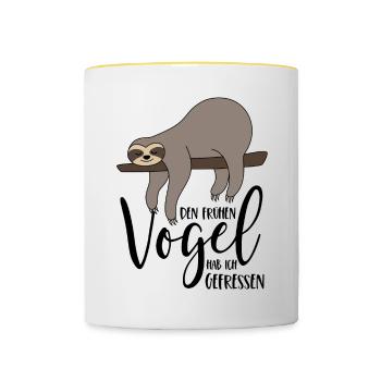Faultier Spruch Den frühen Vogel hab ich gefressen - Tasse zweifarbig - Weiß/Gelb - Vorne