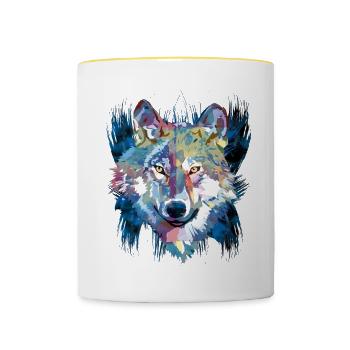 Polygon Wolf - Beau loup gris en bleu - Mug contrasté - blanc/jaune - Devant