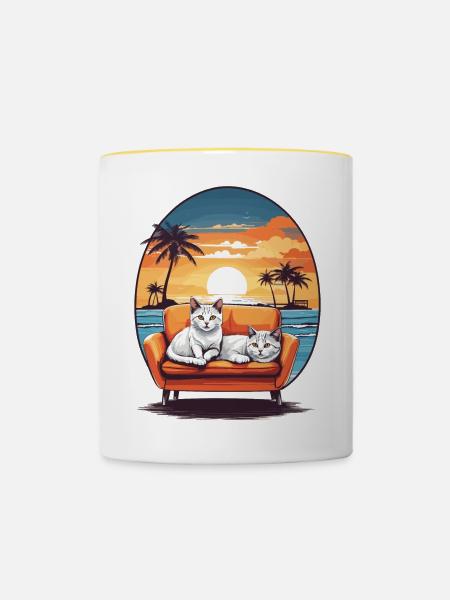 Katzen auf Sofa - Tasse zweifarbig - Weiß/Gelb