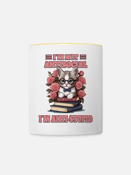 Schlaue Katze mit Lesebrille - Tasse zweifarbig - Weiß/Gelb