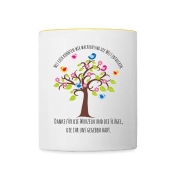 Kitaabschied - Baum Vögel Wurzeln Flügel Danke - Tasse zweifarbig - Weiß/Gelb - Vorne