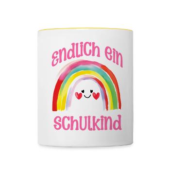 Einschulung Schulkind Regenbogen Mädchen Spaß - Tasse zweifarbig - Weiß/Gelb - Vorne