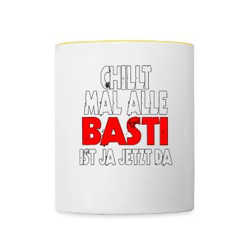 Chillt mal alle Basti ist ja jetzt da - fun Gift - Tasse zweifarbig - Weiß/Gelb - Vorne