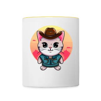 Chat kawaii en costume de cow-boy - Mug contrasté - blanc/jaune - Devant