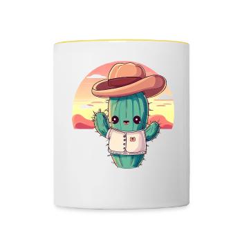 Cactus cowboy kawaii au coucher du soleil - Mug contrasté - blanc/jaune - Devant