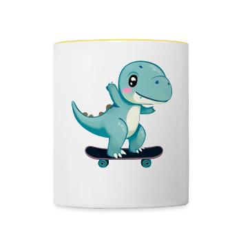 Skateboard Dinosaurier - Tasse zweifarbig - Weiß/Gelb - Vorne