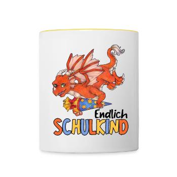 Endlich Schule, Niedlicher Drache Geschenk Schule - Tasse zweifarbig - Weiß/Gelb - Vorne