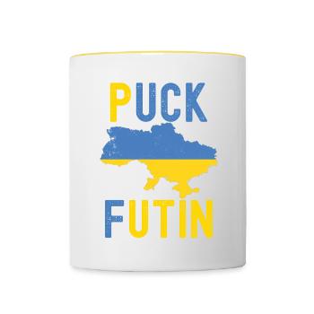 FK Poutine, Puck Futin, Stand avec l’Ukraine, Anti - Mug contrasté - blanc/jaune - Devant