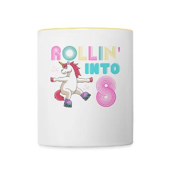 Rouler en 8 - licorne à rouleaux - Mug contrasté - blanc/jaune - Devant
