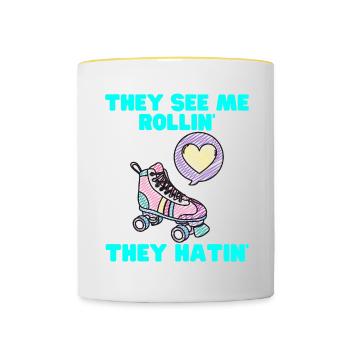 Sie sehen, wie ich rolle, sie hassen - lustige Walze - Tasse zweifarbig - Weiß/Gelb - Vorne