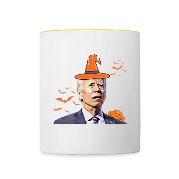 Heureux que vous sachiez la chose drôle halloween Biden - Mug contrasté - blanc/jaune - Devant