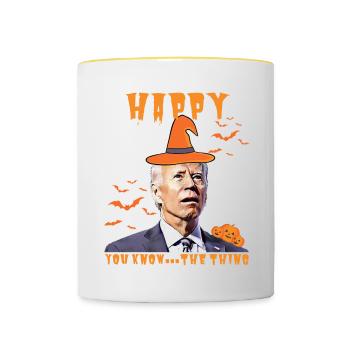 Heureux que vous sachiez la chose drôle halloween Biden - Mug contrasté - blanc/jaune - Devant