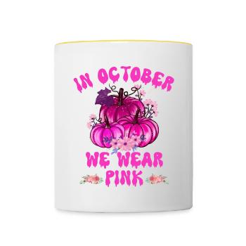 In October We Wear Pink Halloween , Breast Cancer - Contrasting Mug - white/yellow - Front